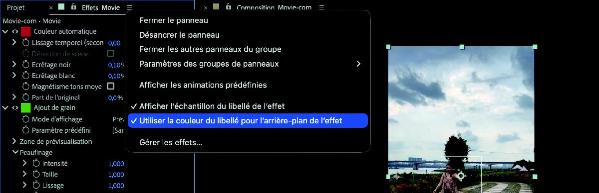 Panneau de contrôles d'effet affichant plusieurs effets avec des arrière-plans de ligne teintés dans différentes couleurs de libellé.