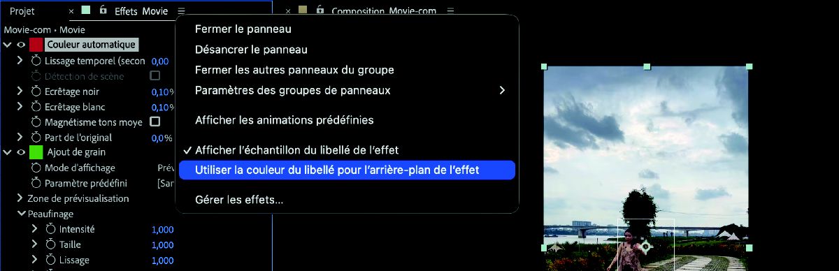 Le menu du panneau Contrôles d’effet est ouvert avec Utiliser la couleur de libellé pour l'arrière-plan d'effet en surbrillance, affichant les options pour contrôler la manière dont les libellés de couleur apparaissent sur les effets.