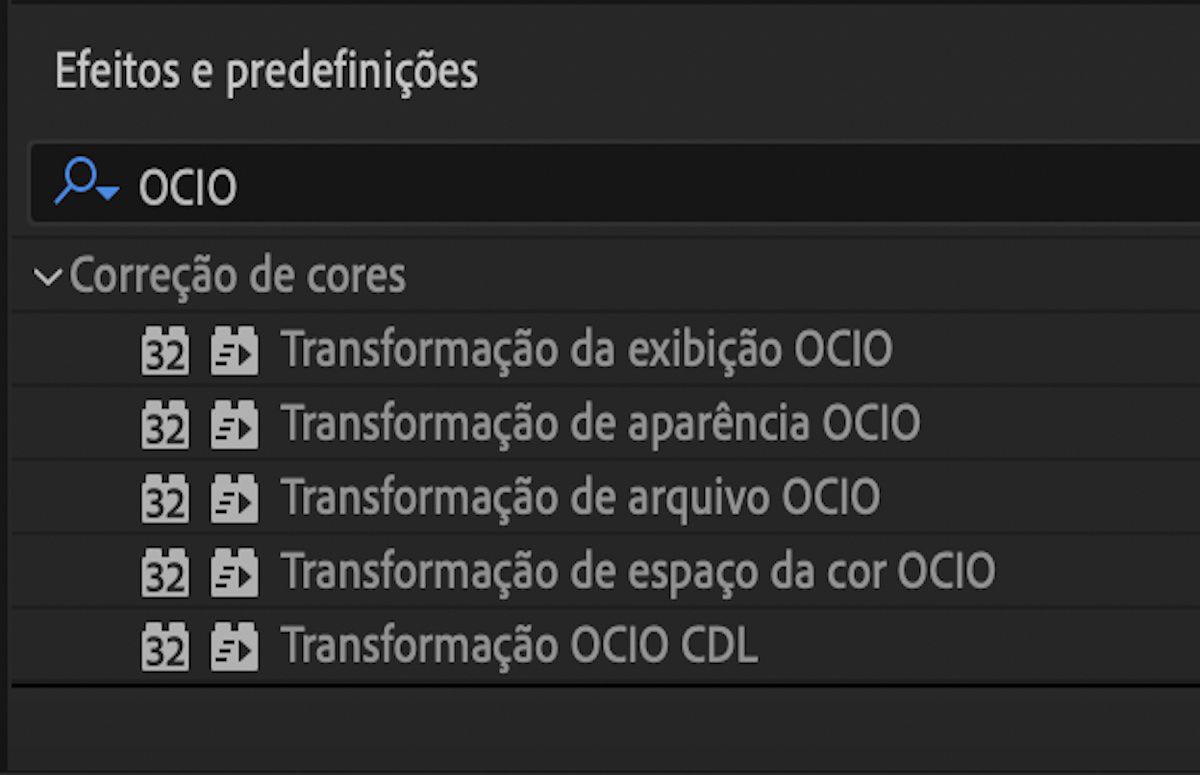 Efeitos OpenColorIO na categoria Correção de cores no painel Efeitos e predefinições.