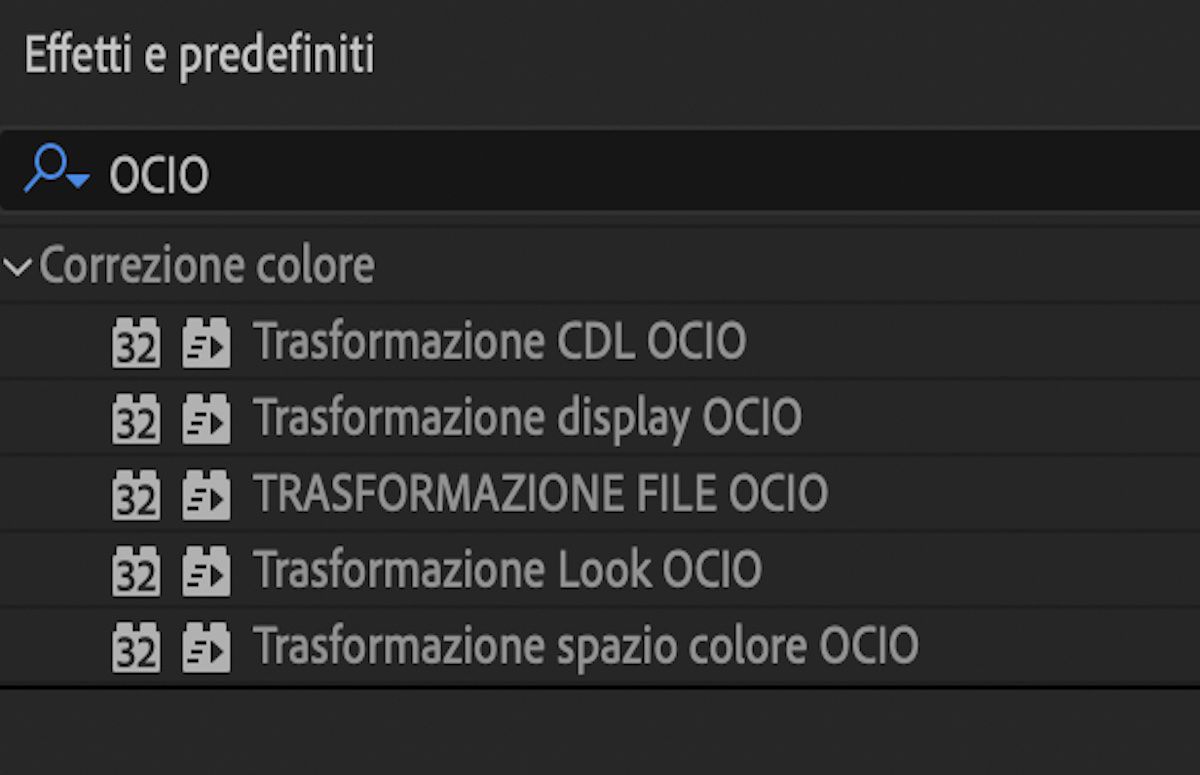 Effetti OpenColorIO nella categoria Correzione colore nel pannello Effetti e predefiniti.