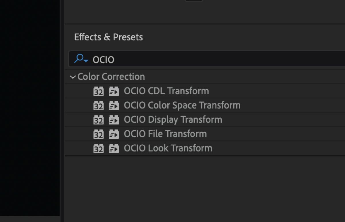 OpenColorIO effects under the Color Correction category in the Effects & Presets panel.