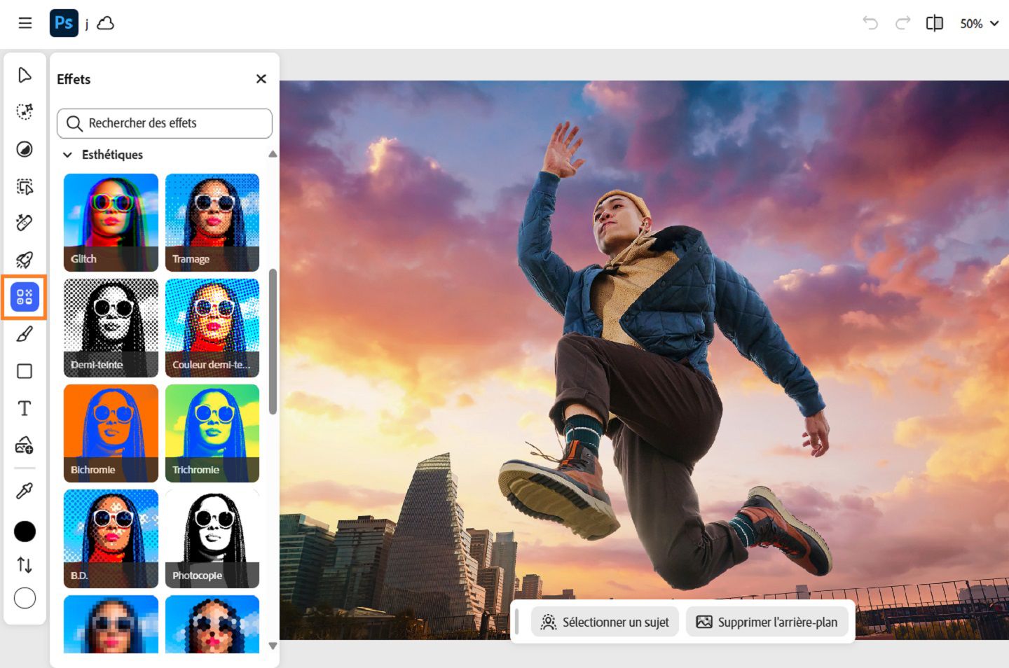 Le panneau Effets s’affiche, présentant différents effets tels que Glitch, Grain, Tramage, Bruit, et plus encore.
