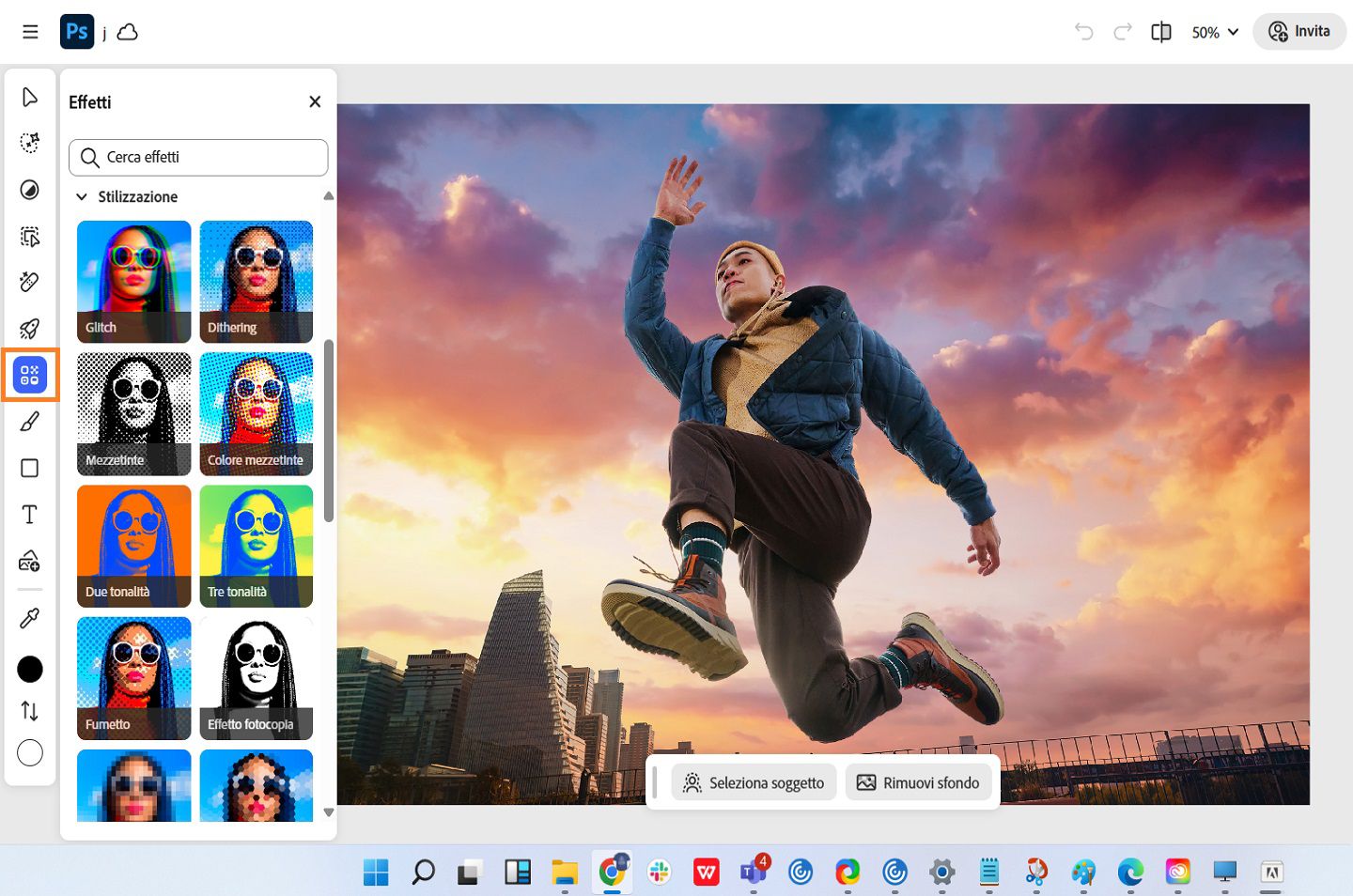 È visualizzato il pannello Effetti, che mostra diversi effetti come Glitch, Grana, Dithering, Disturbo e altro.
