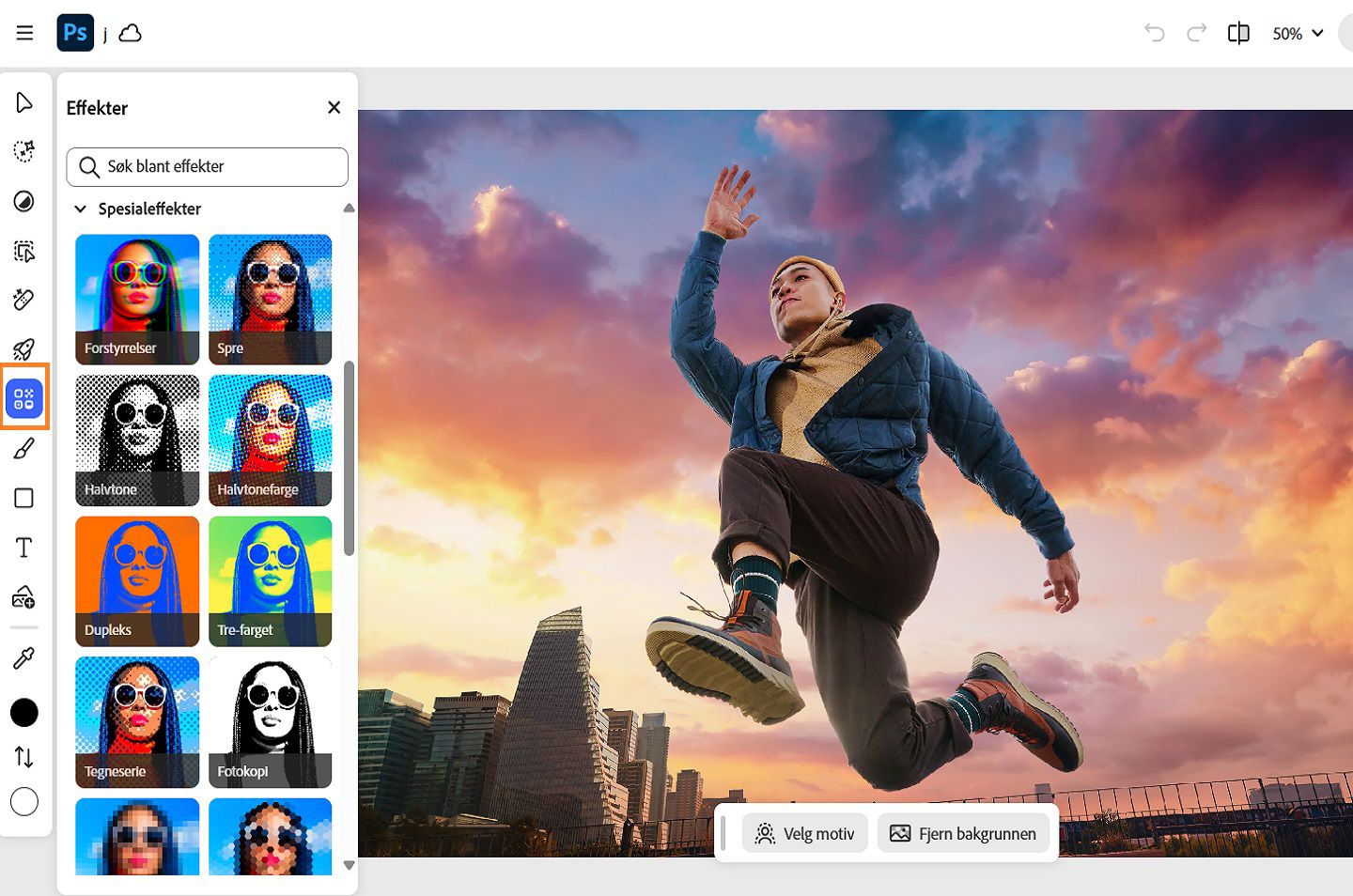 Effekter-panelet dukker opp og viser forskjellige effekter som blant annet Glitch, Korn, Spre og Støy.