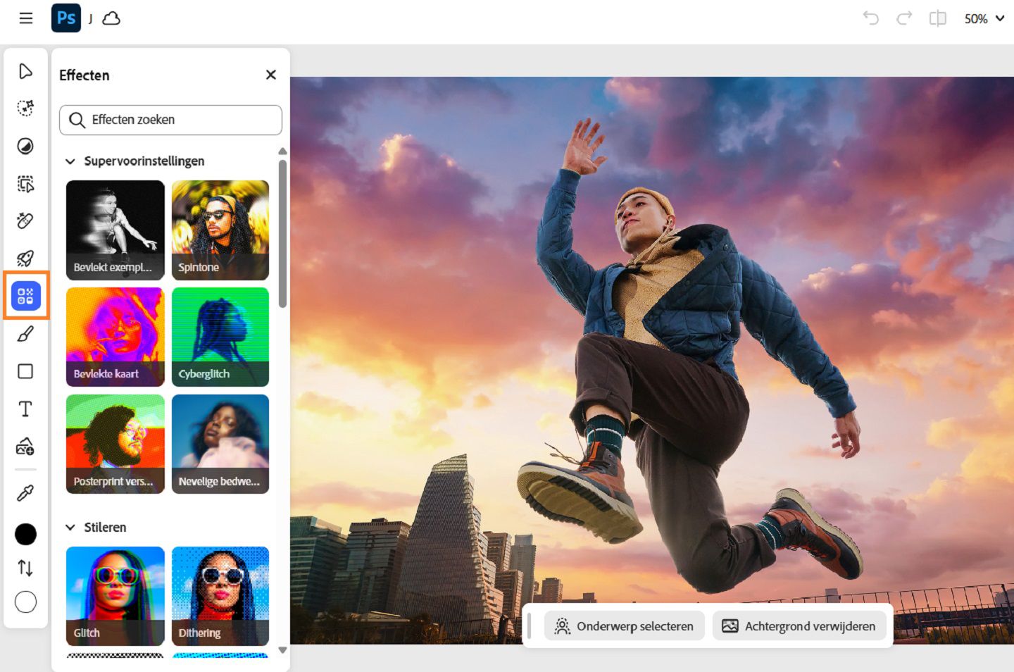 Het deelvenster Effecten wordt weergegeven, met verschillende effecten zoals Storing, Korrel, Dithering, Ruis en meer.