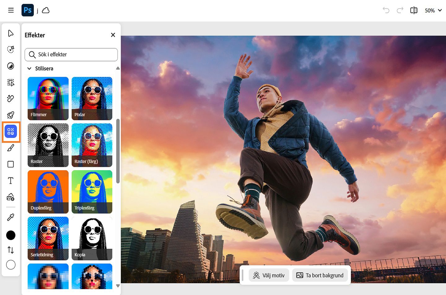 Panelen Effekter visas med olika effekter som Glitch-effekt, Kornighet, Gitter, Brus och mer.