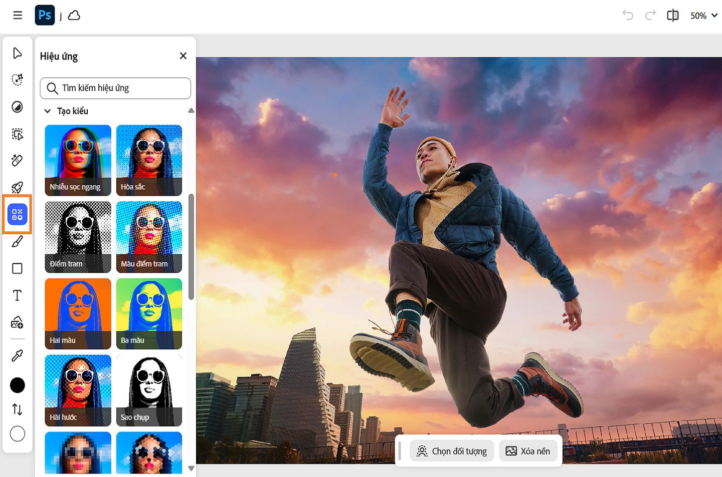 Bảng Hiệu ứng hiển thị, cho thấy các hiệu ứng khác nhau như Nhiễu sọc, Hạt, Hòa sắc, Nhiễu ảnh, v.v.