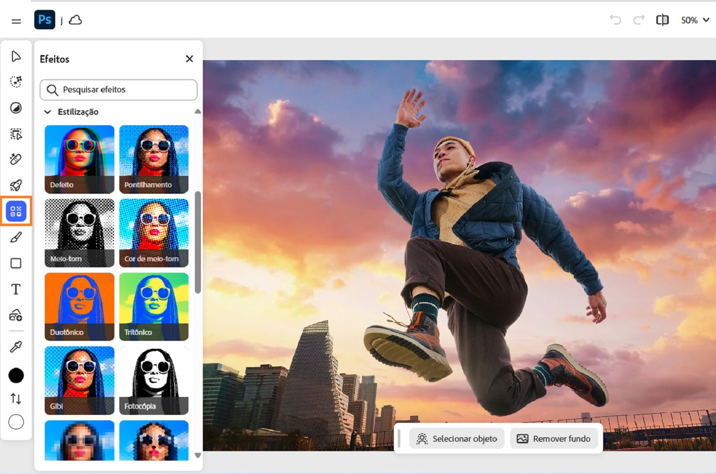 O painel Efeitos é exibido, apresentando diferentes efeitos como Falha, Grão, Pontilhamento, Ruído e muito mais.