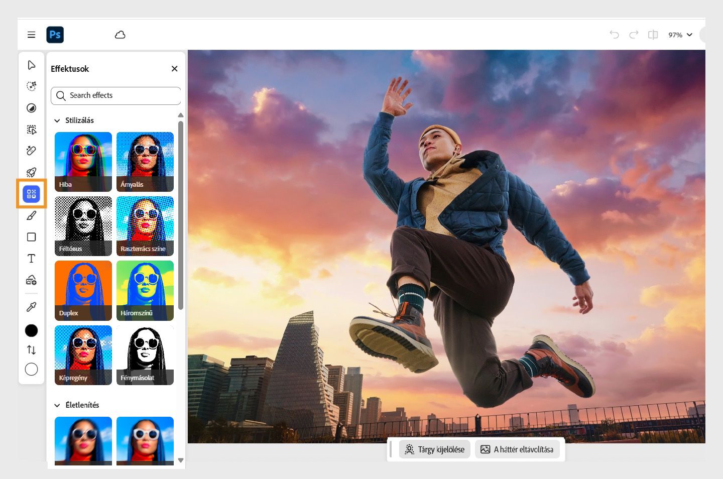 Megnyílik az Effektusok panel, melyen olyan effektusok közül választhat, mint a Hiba, a Szemcse, az Árnyalás és a Zaj.