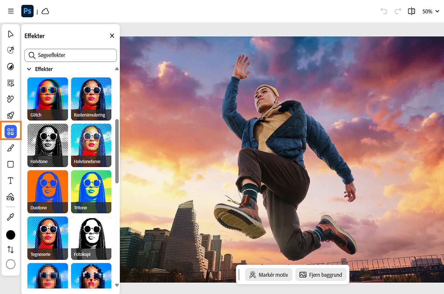 Panelet Effekter vises og fremhæver forskellige effekter som Glitch, Korn, Rastersimulering, Støj og mere.