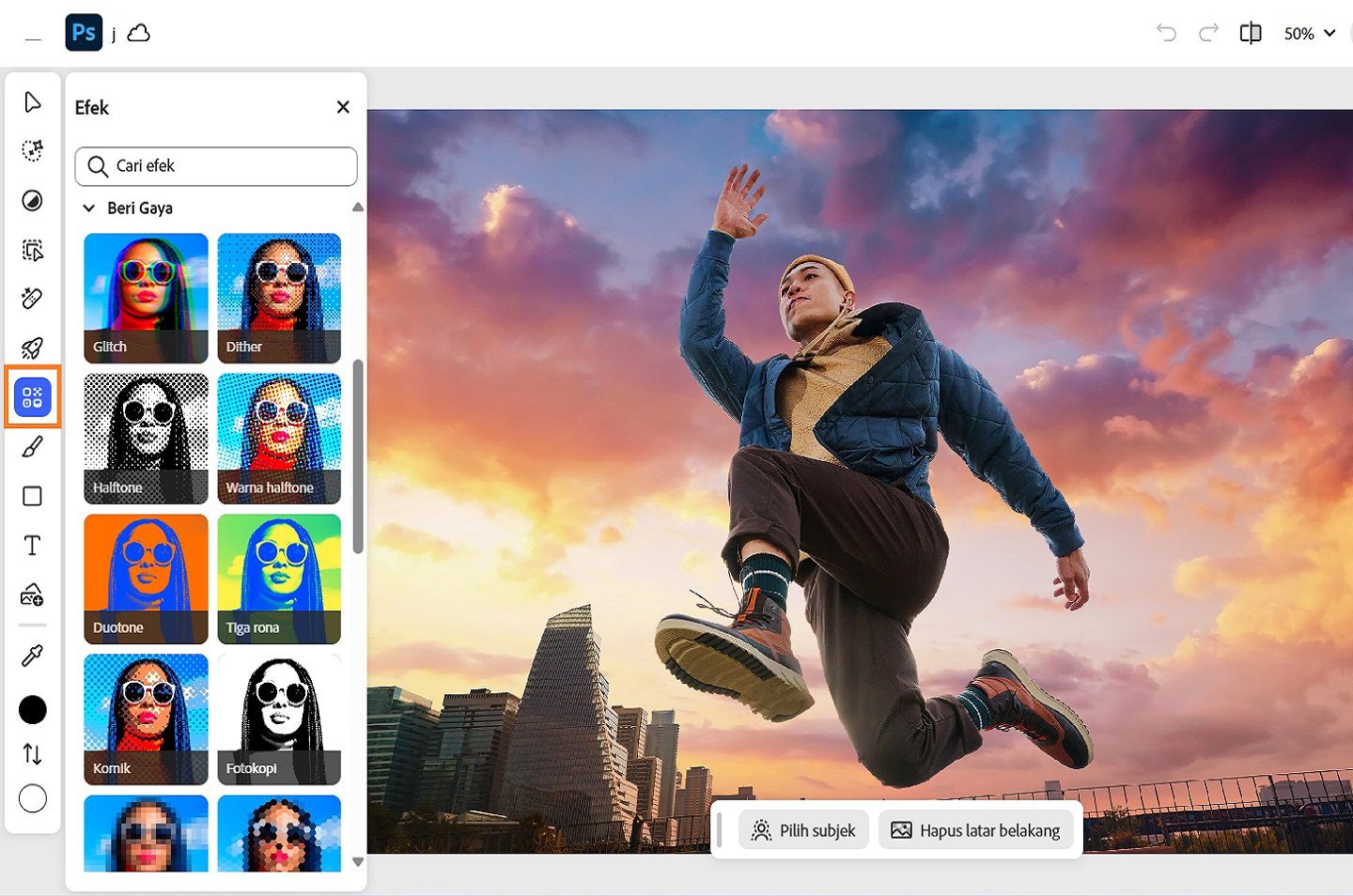 Panel Efek ditampilkan, memperlihatkan berbagai efek seperti Glitch, Grain, Dither, Noise, dan lainnya.