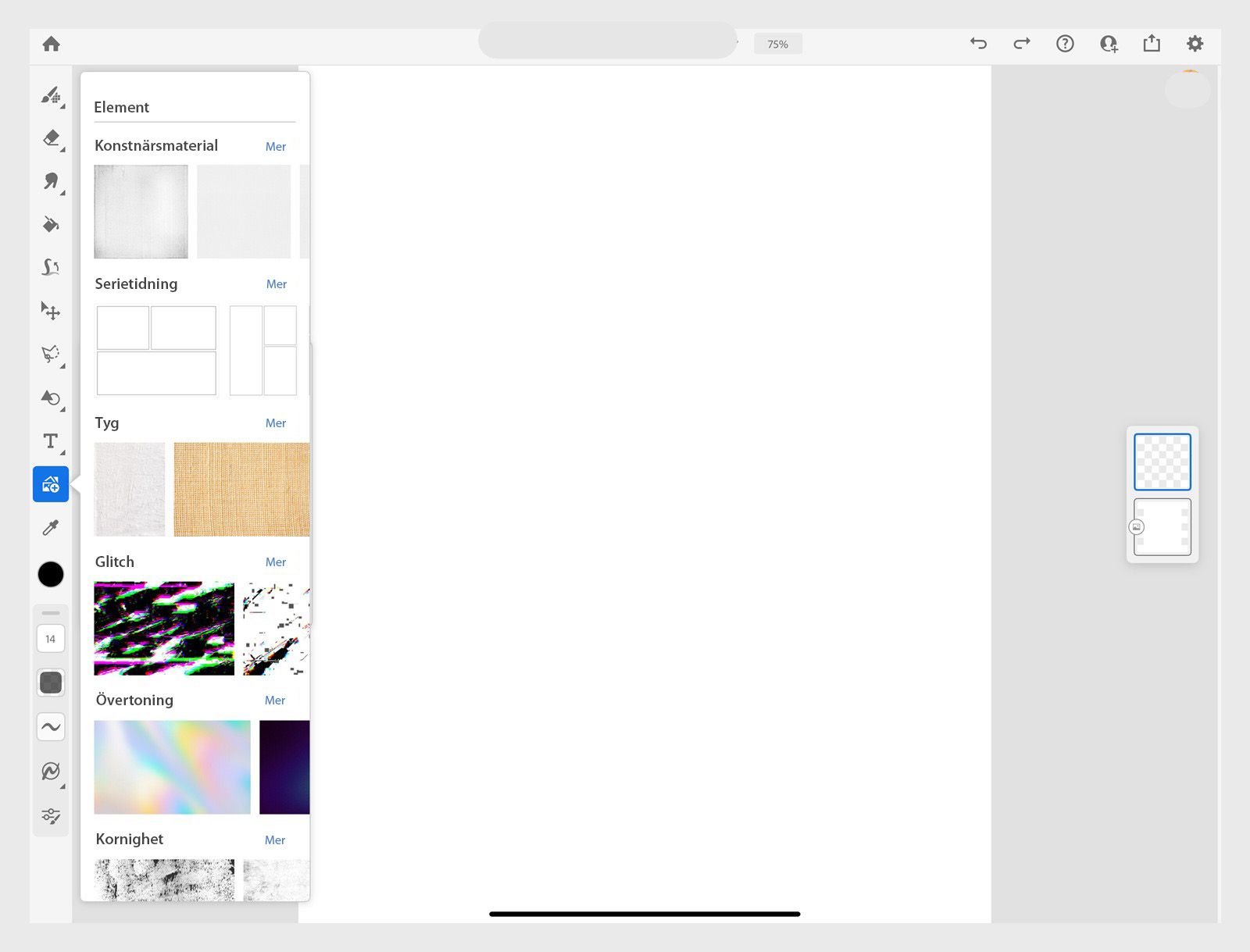 Elements-panel är öppen och visar miniatyrer av kategorier som är listade i alfabetisk ordning.