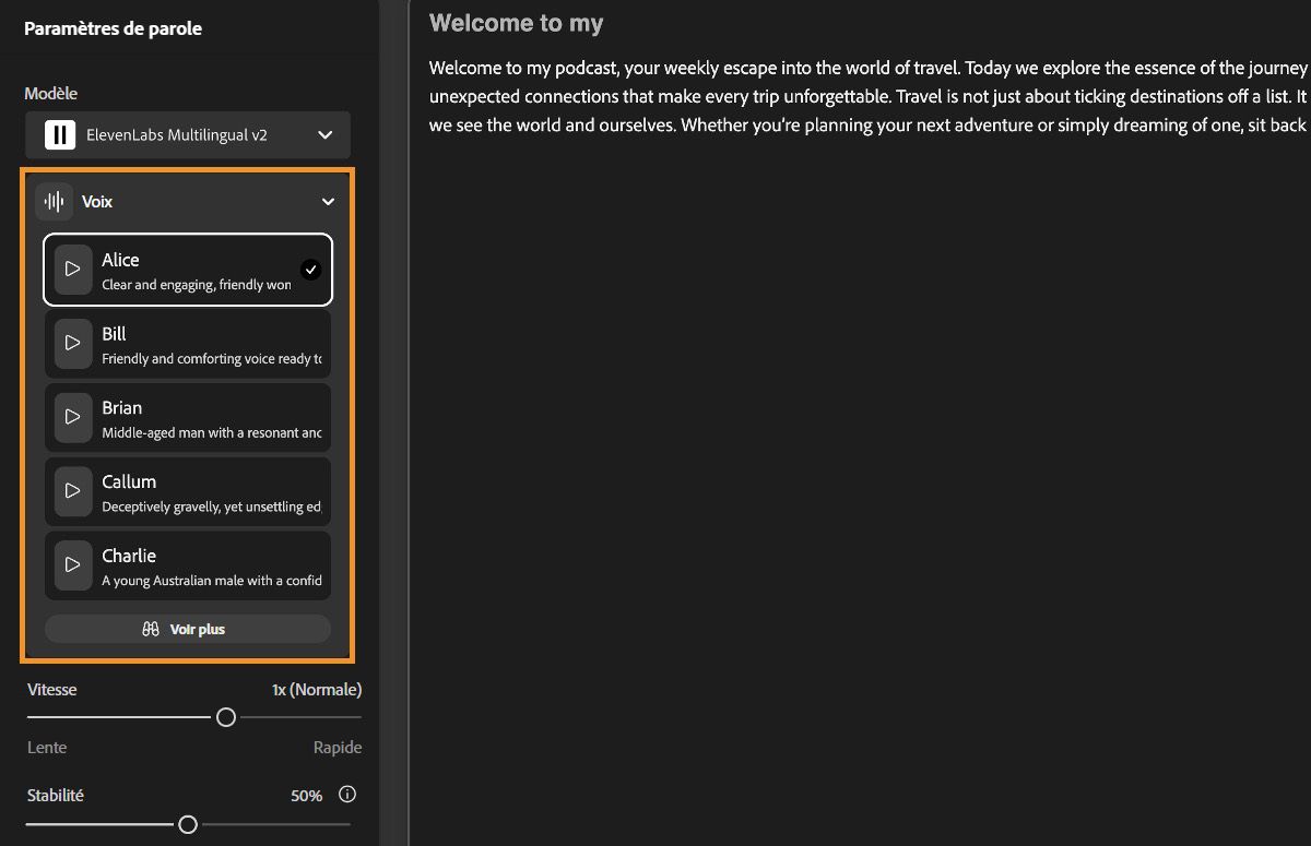 La fenêtre Du texte à la parole de Firefly présente le panneau Paramètres de parole dans lequel le menu déroulant Voix est mis en évidence.