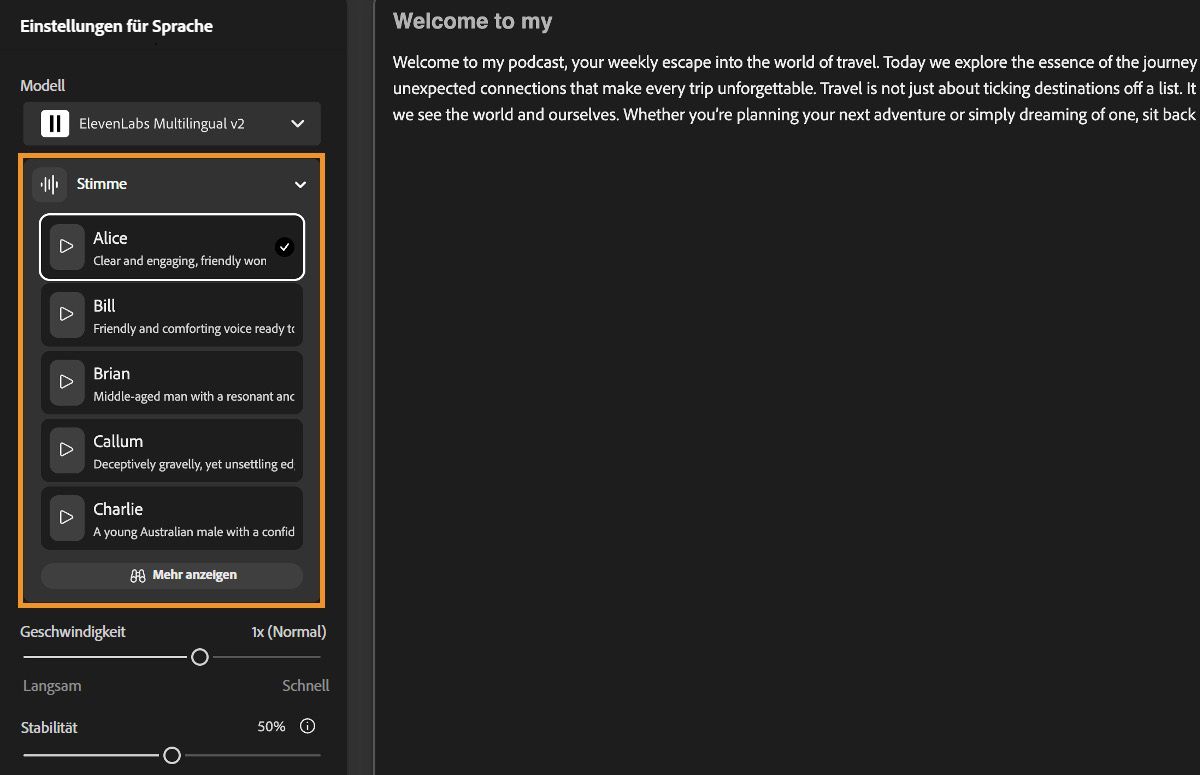 In dem Fenster „Text zu Sprache“ in Firefly wird das Bedienfeld „Spracheinstellungen“ mit einer Hervorhebung oberhalb des Dropdown-Menüs „Stimme“ angezeigt.