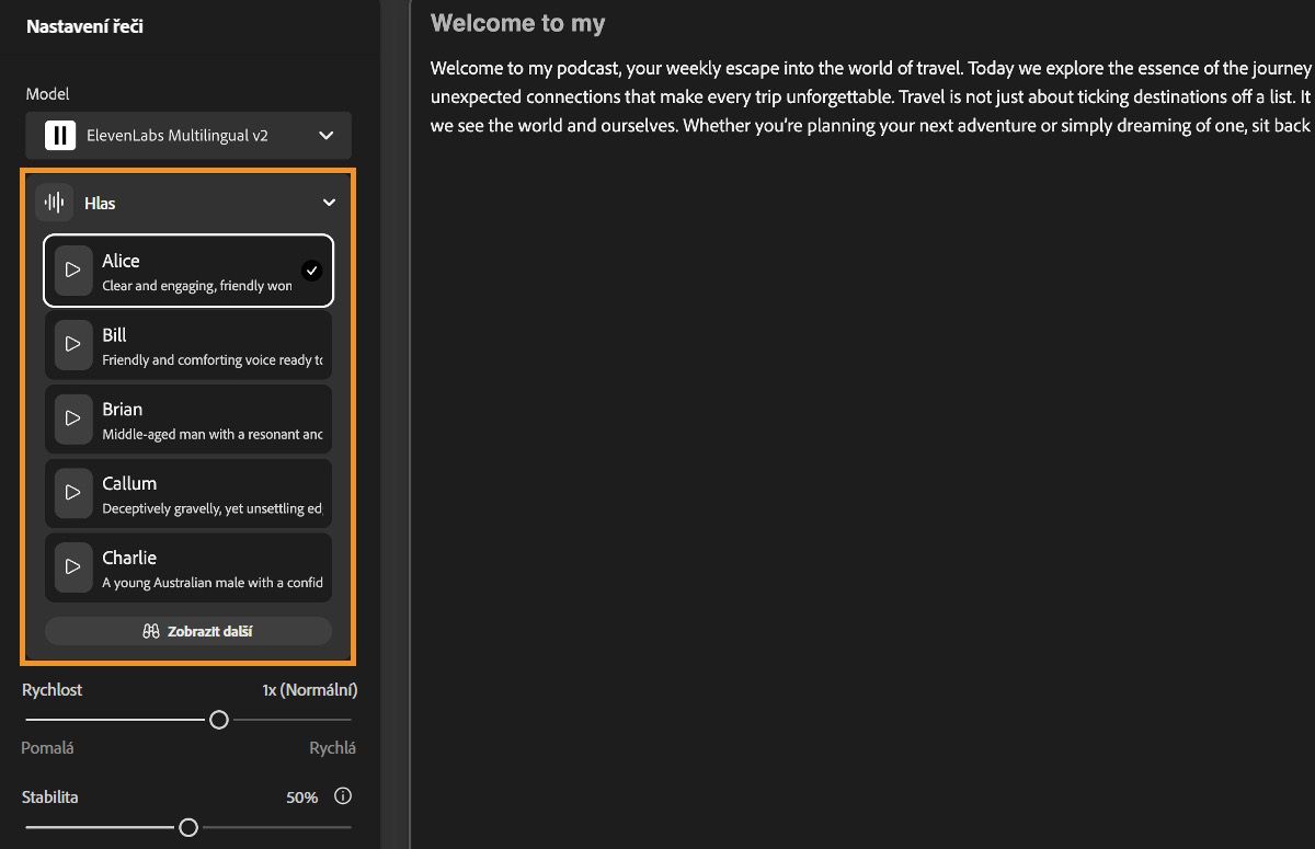 Okno převodu textu na řeč ve Firefly zobrazuje panel Nastavení řeči se zvýrazněnou rozbalovací nabídkou Hlas.