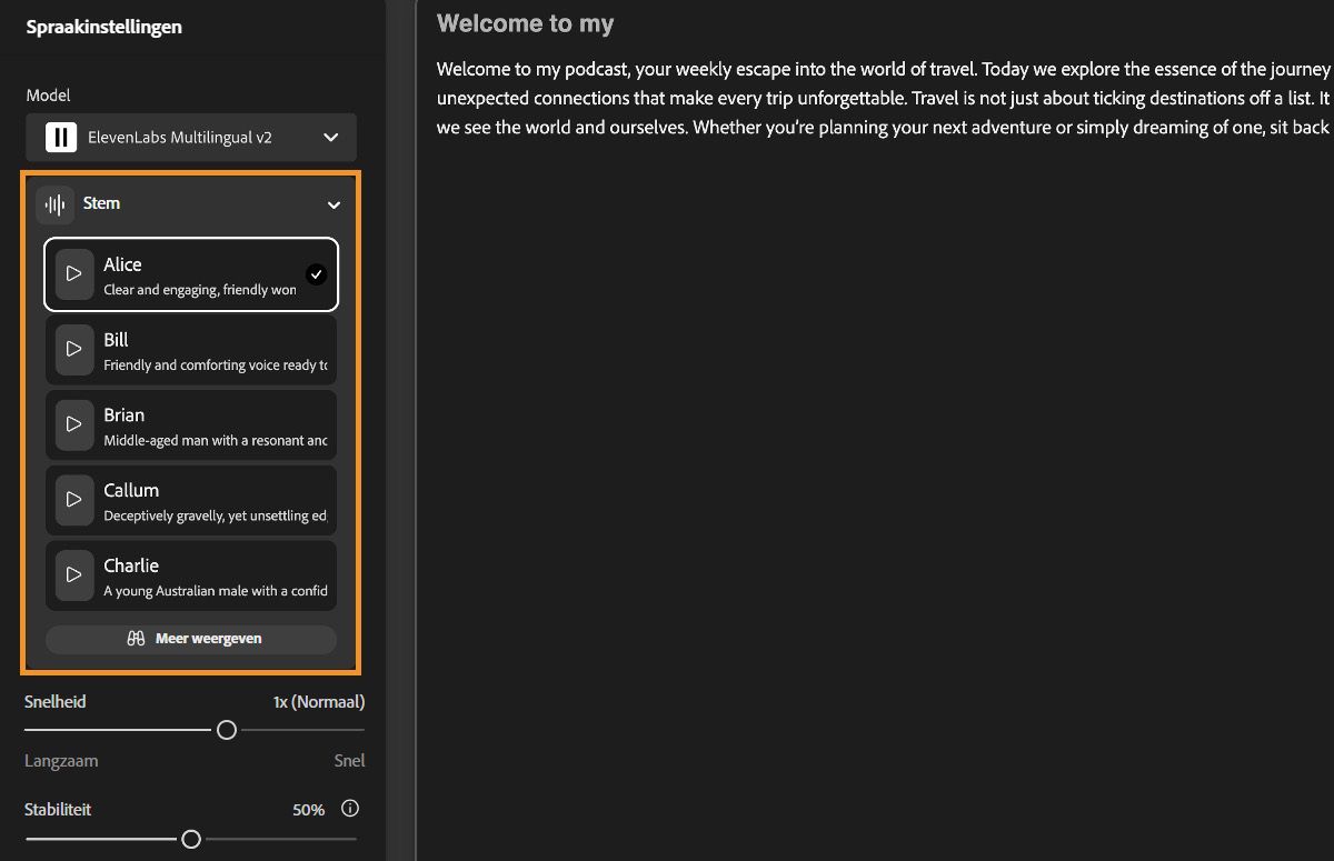 Het venster Tekst naar spraak in Firefly toont het het deelvenster Instellingen voor spraak met een markering boven het vervolgkeuzemenu Stem.