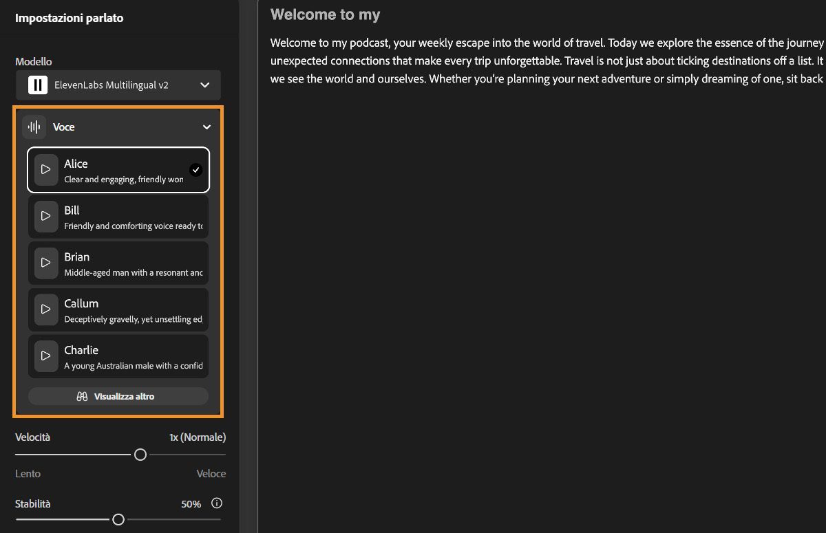 La finestra Da testo a parlato in Firefly mostra il pannello Impostazioni parlato in cui è evidenziato il menu a discesa Voce.
