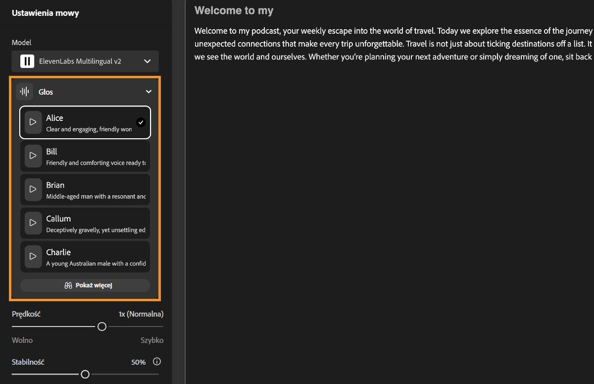 Okno zamiany tekstu na mowę w programie Firefly wyświetla panel ustawień mowy z podświetlonym menu rozwijanym Głos.