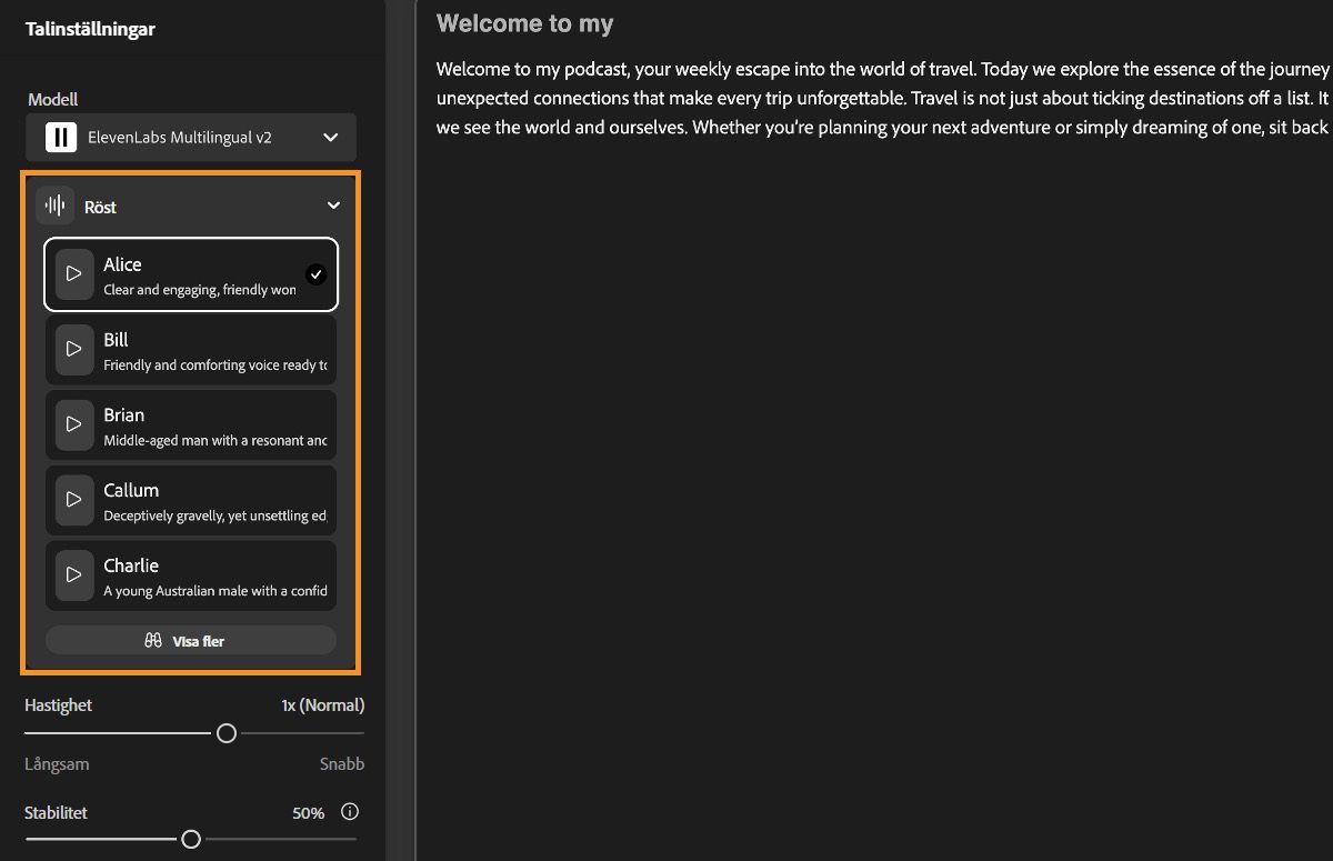 Text till tal-fönstret i Firefly visar panelen Talinställningar med en markering över listrutan Röst.