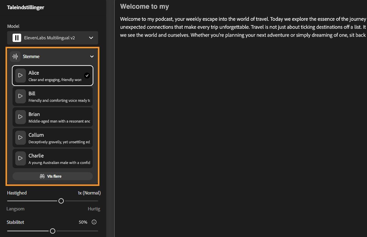 Tekst til tale-vinduet i Firefly viser panelet Taleindstillinger med en fremhævning over rullemenuen Stemme.