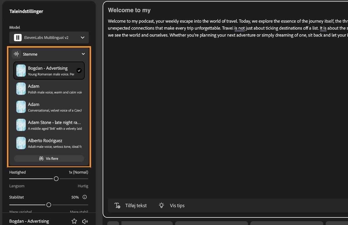Tekst til tale-vinduet i Firefly viser panelet Taleindstillinger med en fremhævning over rullemenuen Stemme.