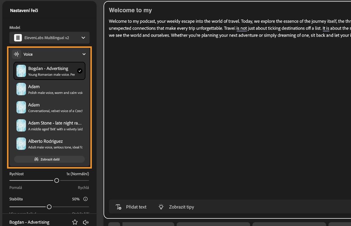 Okno převodu textu na řeč ve Firefly zobrazuje panel Nastavení řeči se zvýrazněnou rozbalovací nabídkou Hlas.