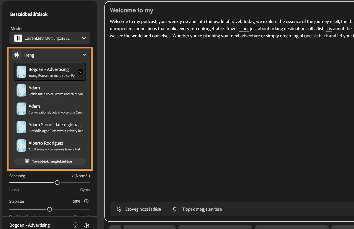 A Firefly Szövegfelolvasás ablaka megjeleníti a Beszédbeállítások panelt, kiemelve a Hang legördülő menüt.