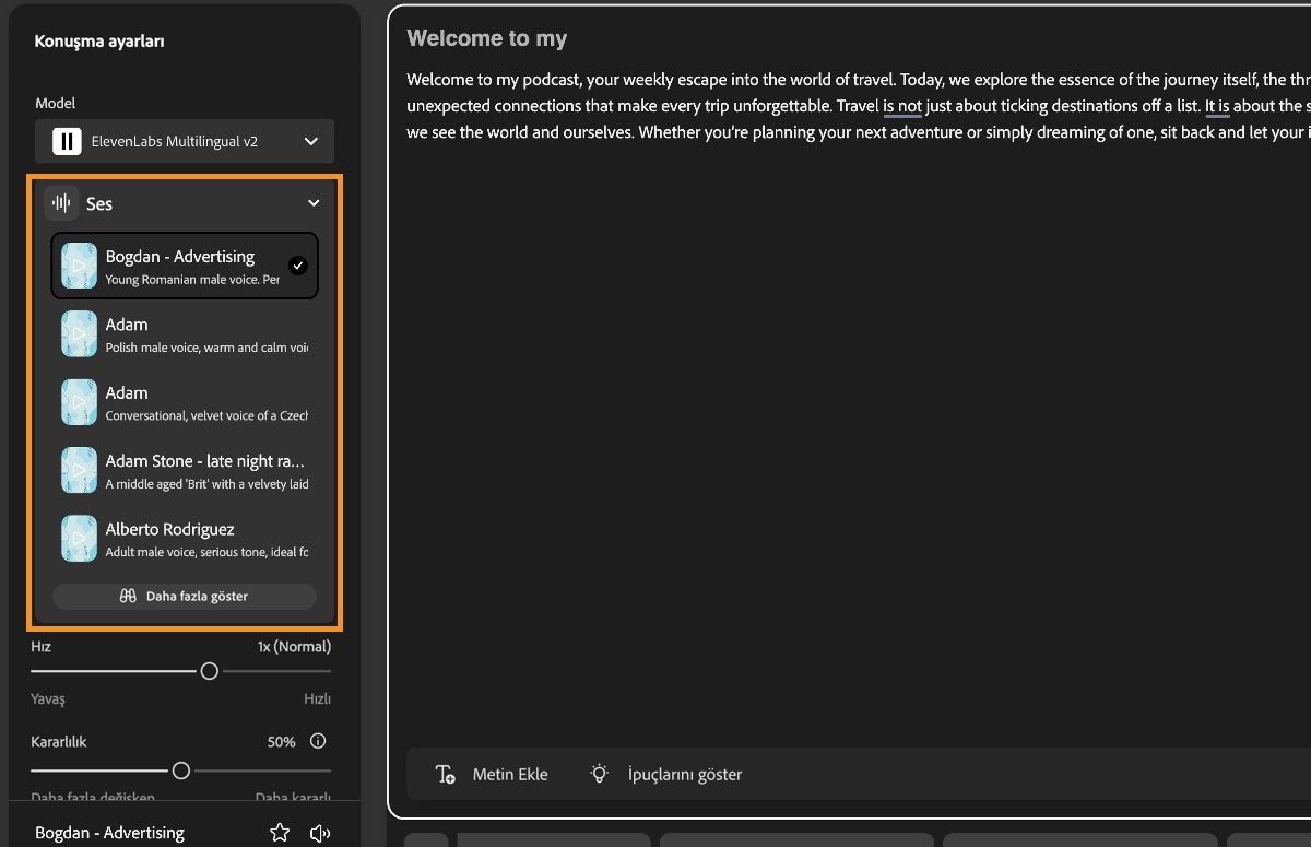 Firefly'daki Metinden konuşmaya penceresi, Ses açılır menüsü vurgulanmış şekilde Konuşma ayarları panelini gösterir.