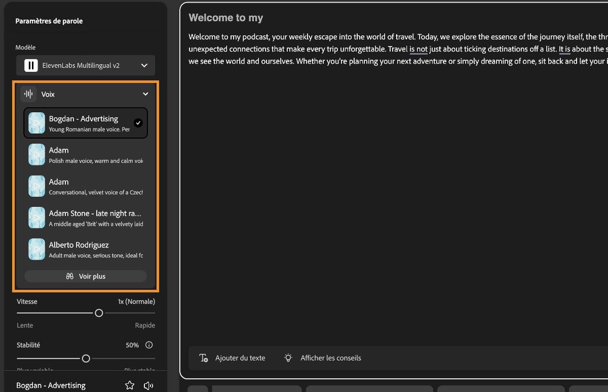 La fenêtre Du texte à la parole de Firefly présente le panneau Paramètres de parole dans lequel le menu déroulant Voix est mis en évidence.