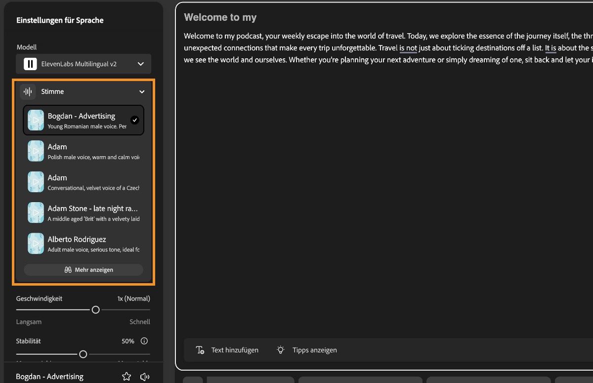 In dem Fenster „Text zu Sprache“ in Firefly wird das Bedienfeld „Spracheinstellungen“ mit einer Hervorhebung oberhalb des Dropdown-Menüs „Stimme“ angezeigt.