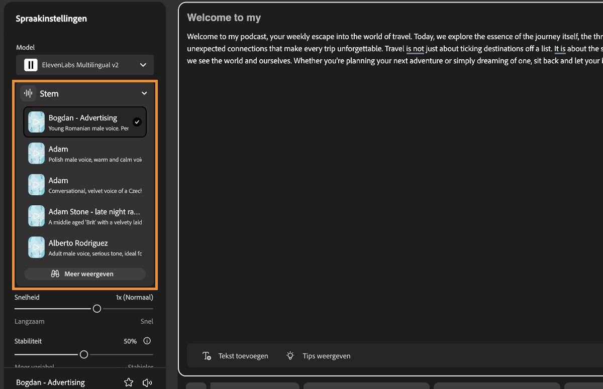 Het venster Tekst naar spraak in Firefly toont het het deelvenster Instellingen voor spraak met een markering boven het vervolgkeuzemenu Stem.