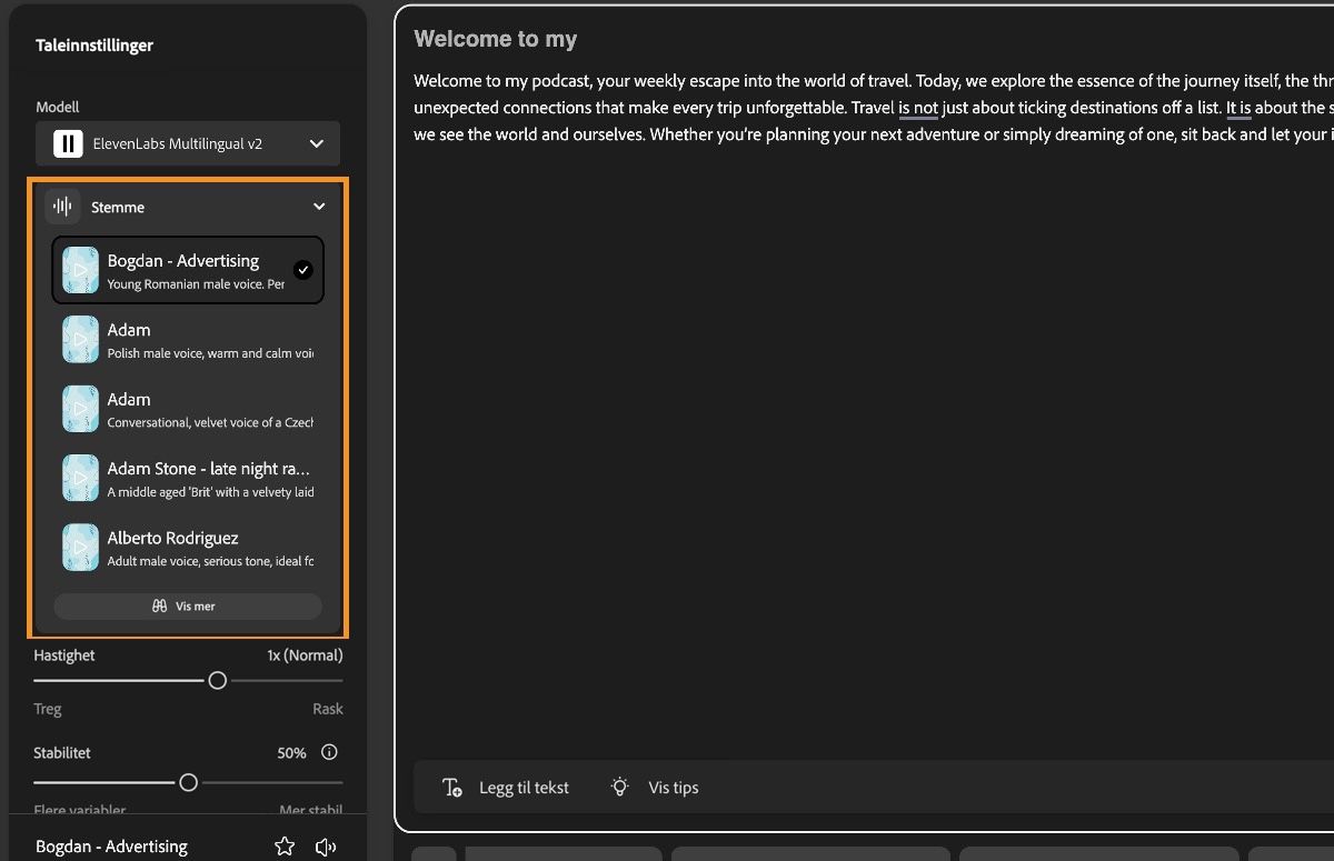 Tekst-til-tale-vinduet i Firefly viser Taleinnstillinger-panelet med uthevet Stemme-rullegardinmeny.