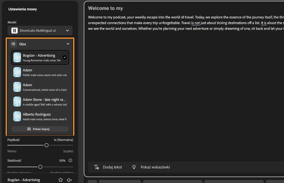 Okno zamiany tekstu na mowę w programie Firefly wyświetla panel ustawień mowy z podświetlonym menu rozwijanym Głos.