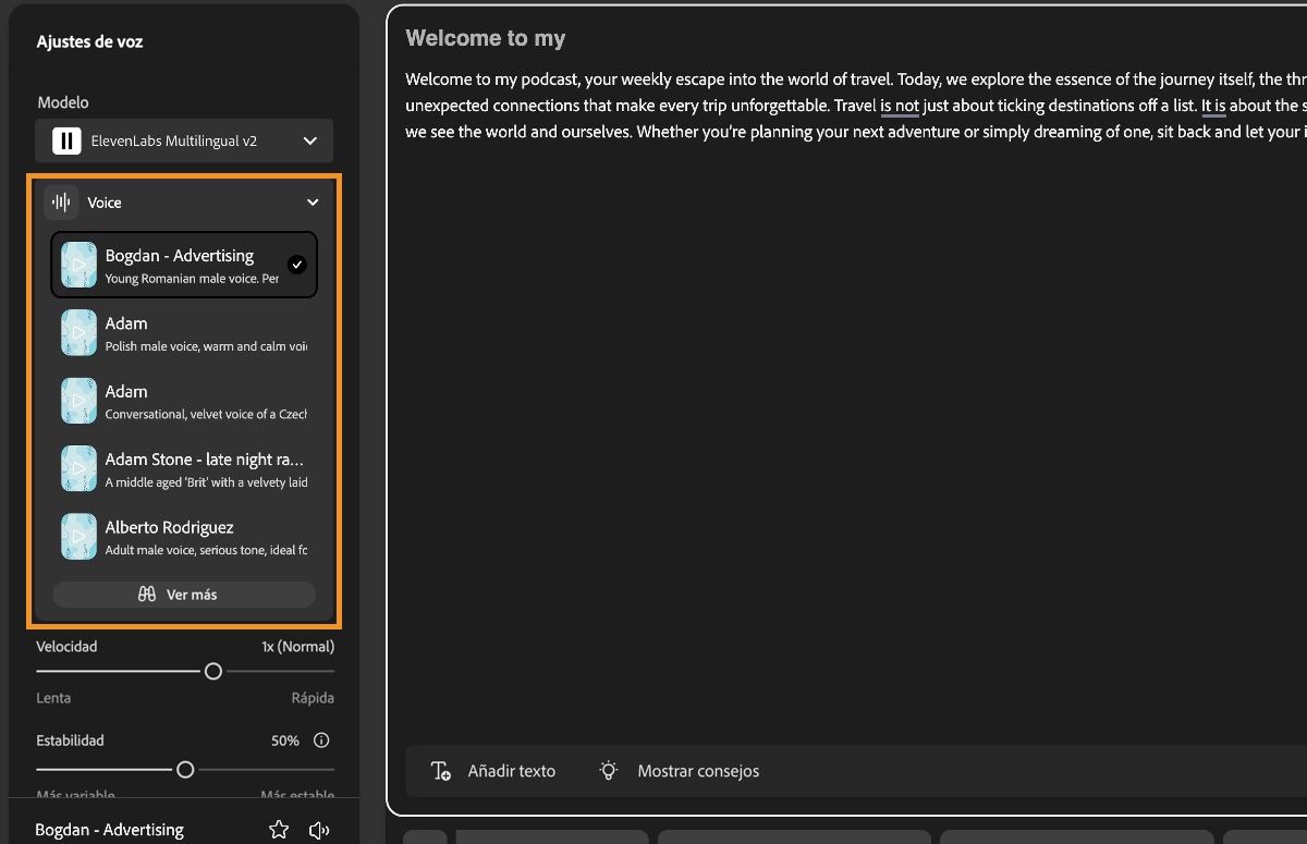 La ventana De texto a voz de Firefly muestra el panel de ajustes de voz con el menú desplegable Voz resaltado.
