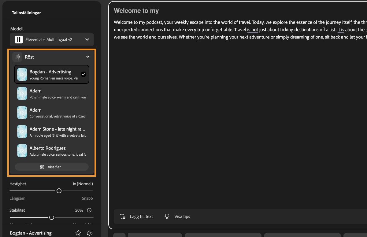 Text till tal-fönstret i Firefly visar panelen Talinställningar med en markering över listrutan Röst.