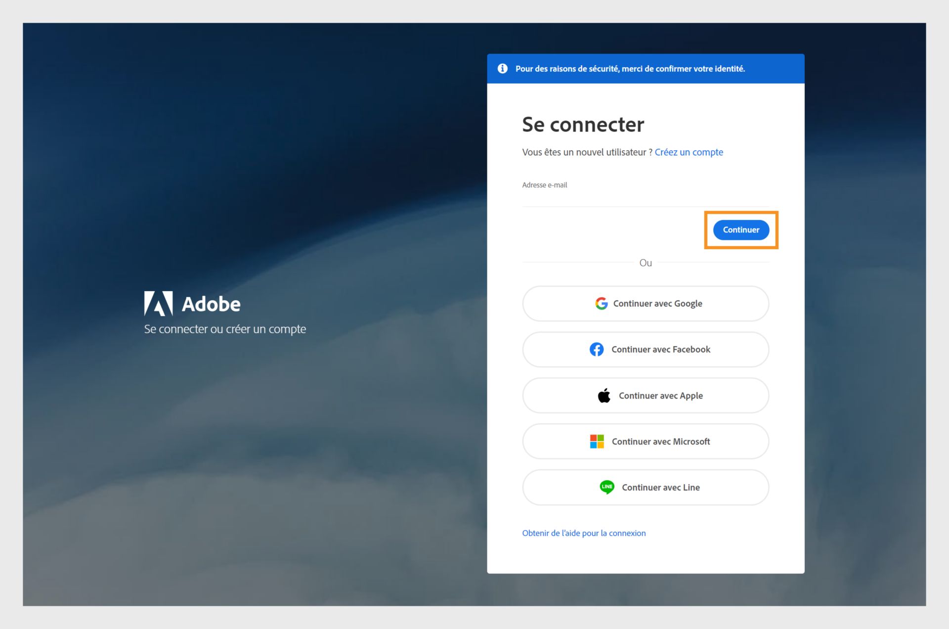 Sélection de l’option Continuer