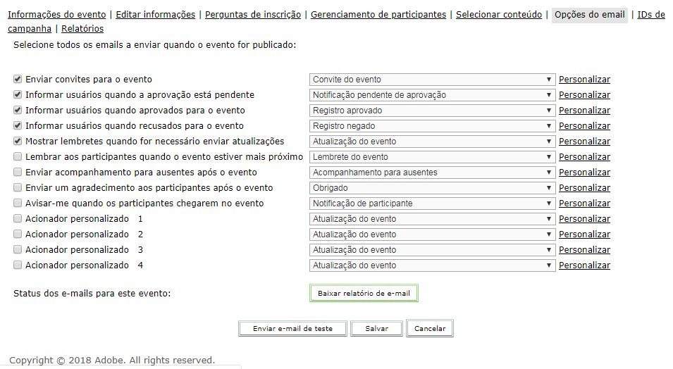 Opções de e-mail para acompanhar o estado do e-mail.