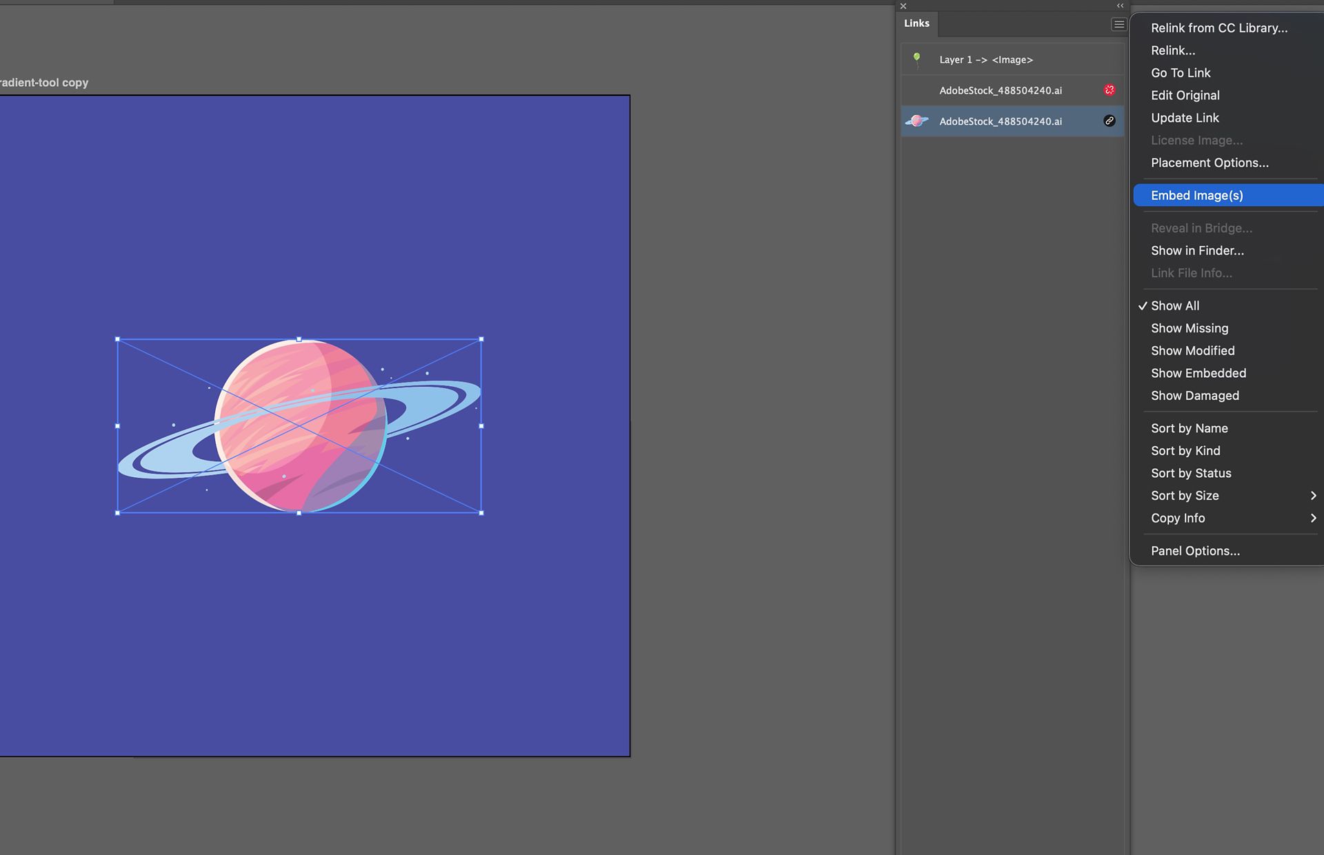 قائمة لوحة Links في Illustrator تُظهر خيار Embed Image(s) لصورة مرتبطة محددة.