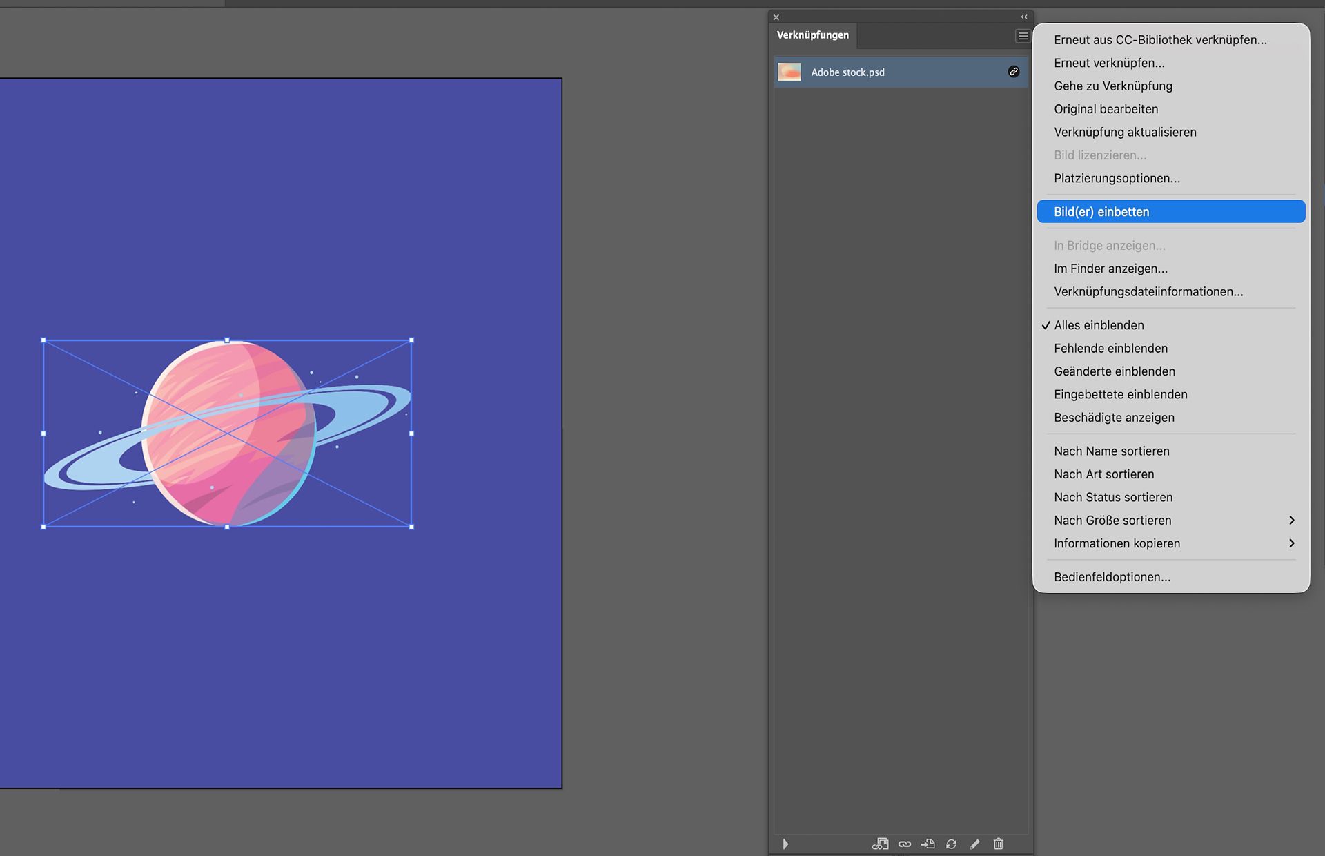 Das Menü des Verknüpfungenbedienfelds in Illustrator zeigt die Option „Bild(er) einbetten“ für ein ausgewähltes verknüpftes Bild.