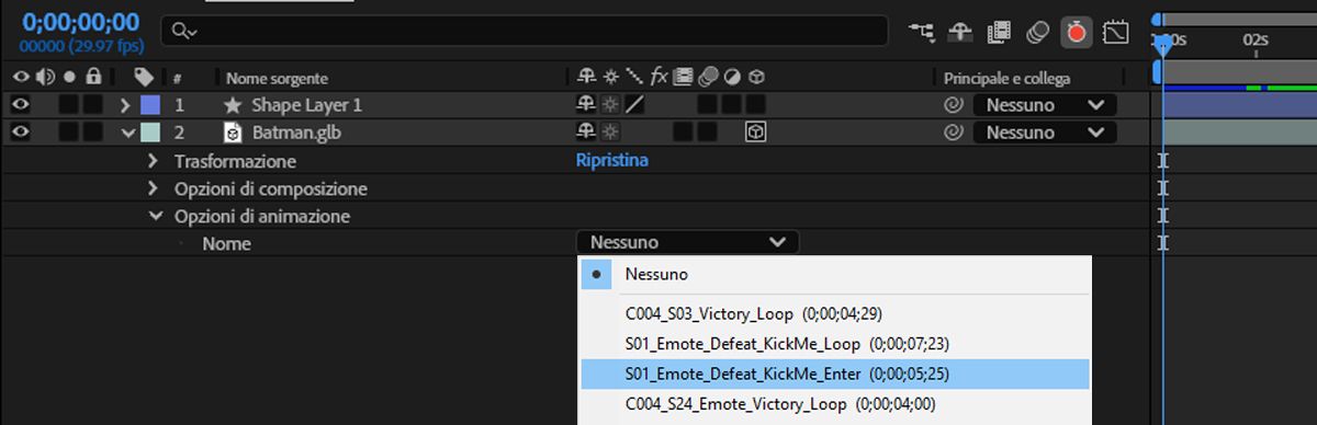 Le proprietà delle opzioni di animazione vengono estese e il menu a discesa Nome viene aperto con un’animazione incorporata evidenziata e denominata inattiva.