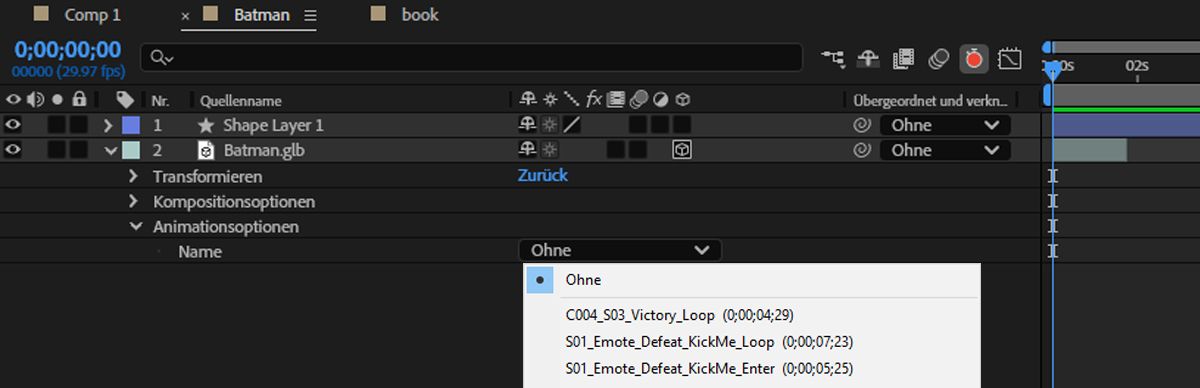 Die Eigenschaften der Animationsoptionen werden erweitert und die Dropdown-Liste „Name“ wird geöffnet, wobei eine eingebettete Animation namens „Inaktiv“ hervorgehoben wird.
