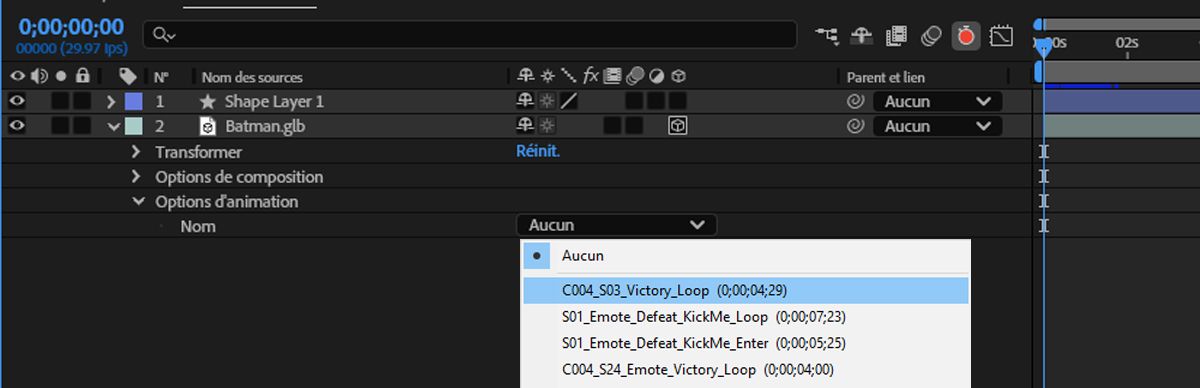 Les propriétés Options d’animation sont présentées et la liste déroulante Nom s’affiche avec une animation intégrée appelée « Inactif » est mise en surbrillance.
