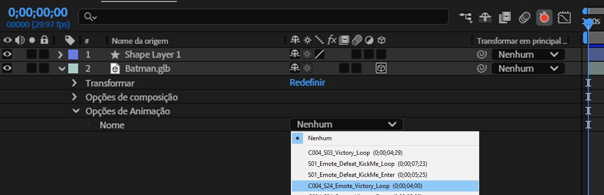 As propriedades “Opções de animação” são expandidas, o menu suspenso “Nome” é aberto com uma animação integrada chamada “Inativa” realçada.