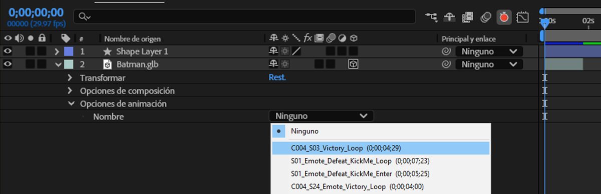 Las propiedades Opciones de animación se expanden y el menú desplegable Nombre se abre con una animación incrustada llamada Ralentí resaltada.