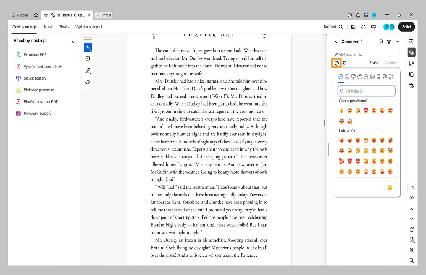 Na panelu poznámek je zobrazeno podokno emotikon. 
