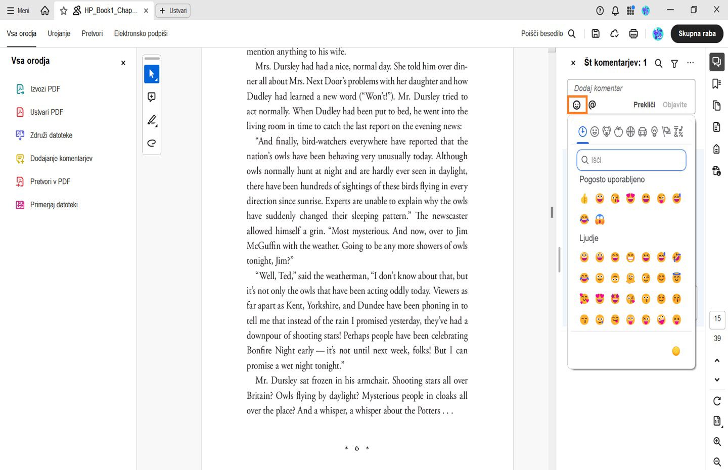 Prikaže se podokno s čustvenimi simboli na plošči za komentiranje. 