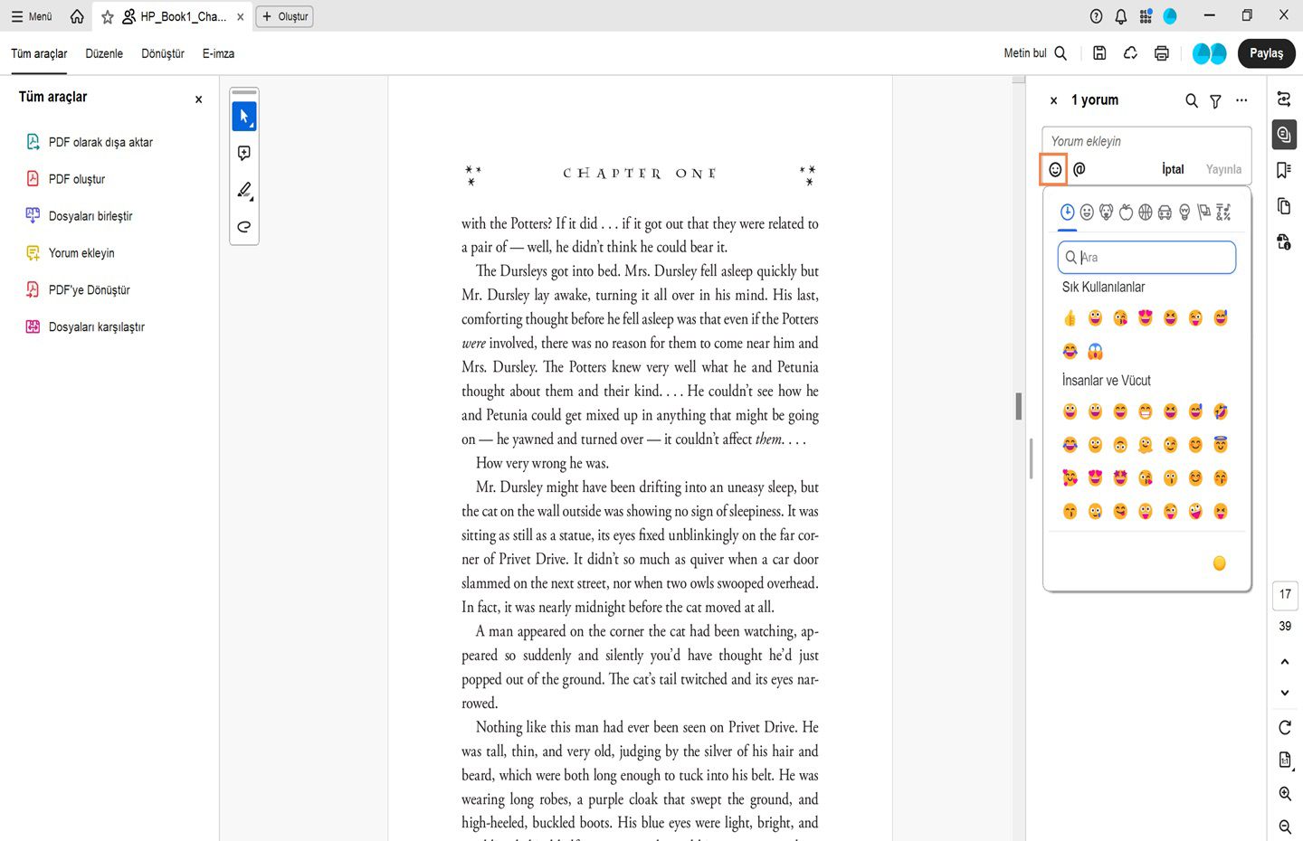Yorum panelindeki emoji bölmesi görüntüleniyor. 