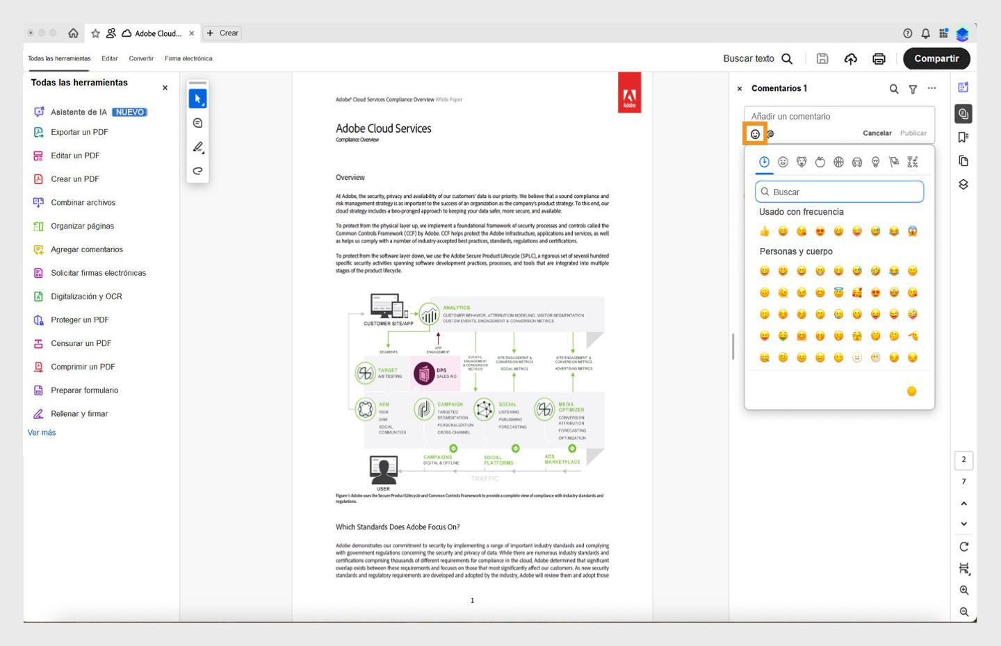 Se muestra el panel de emoticonos en el panel de comentarios. 