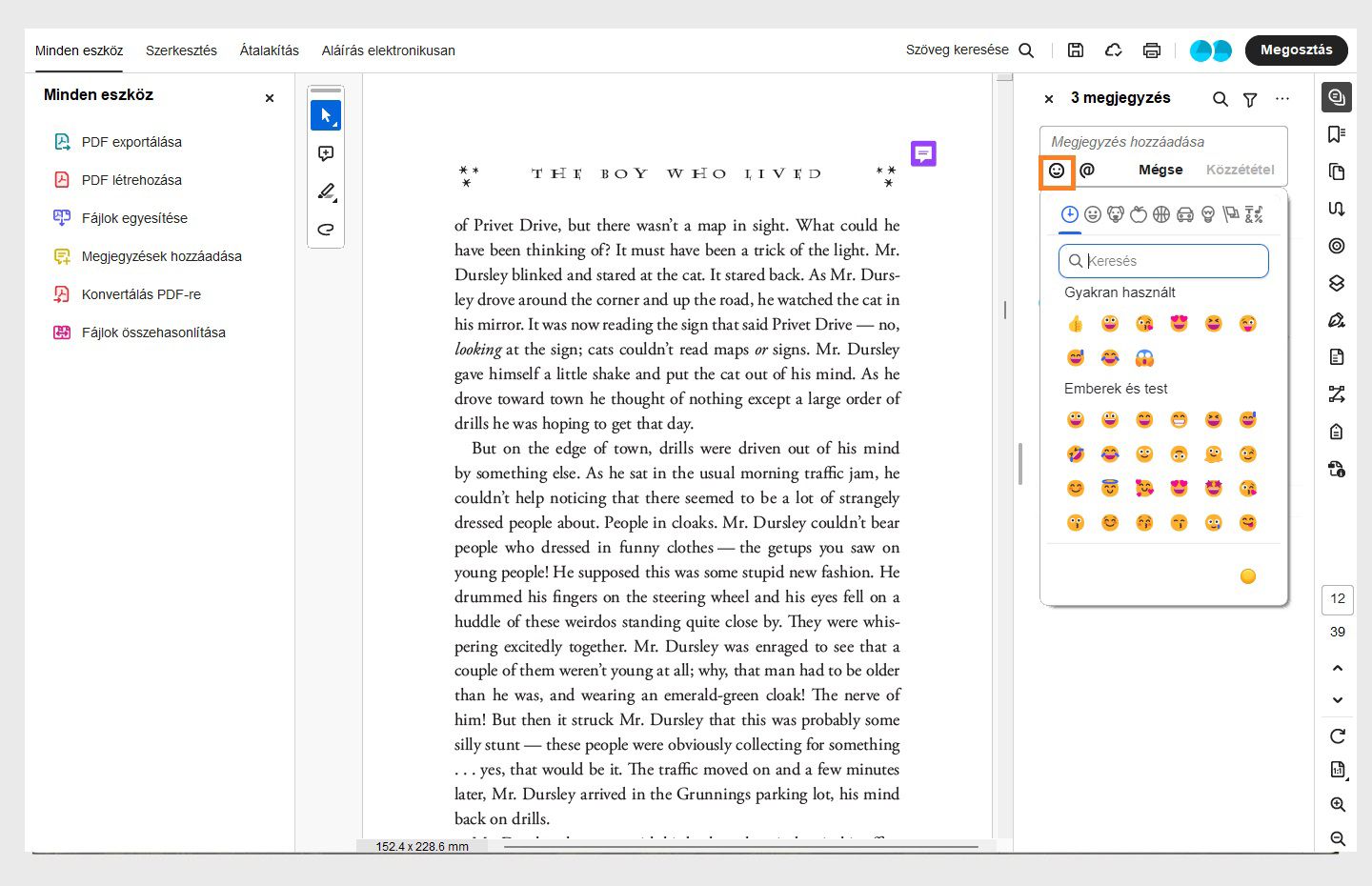 Látható a megjegyzés panel hangulatjel ablaktáblája. 