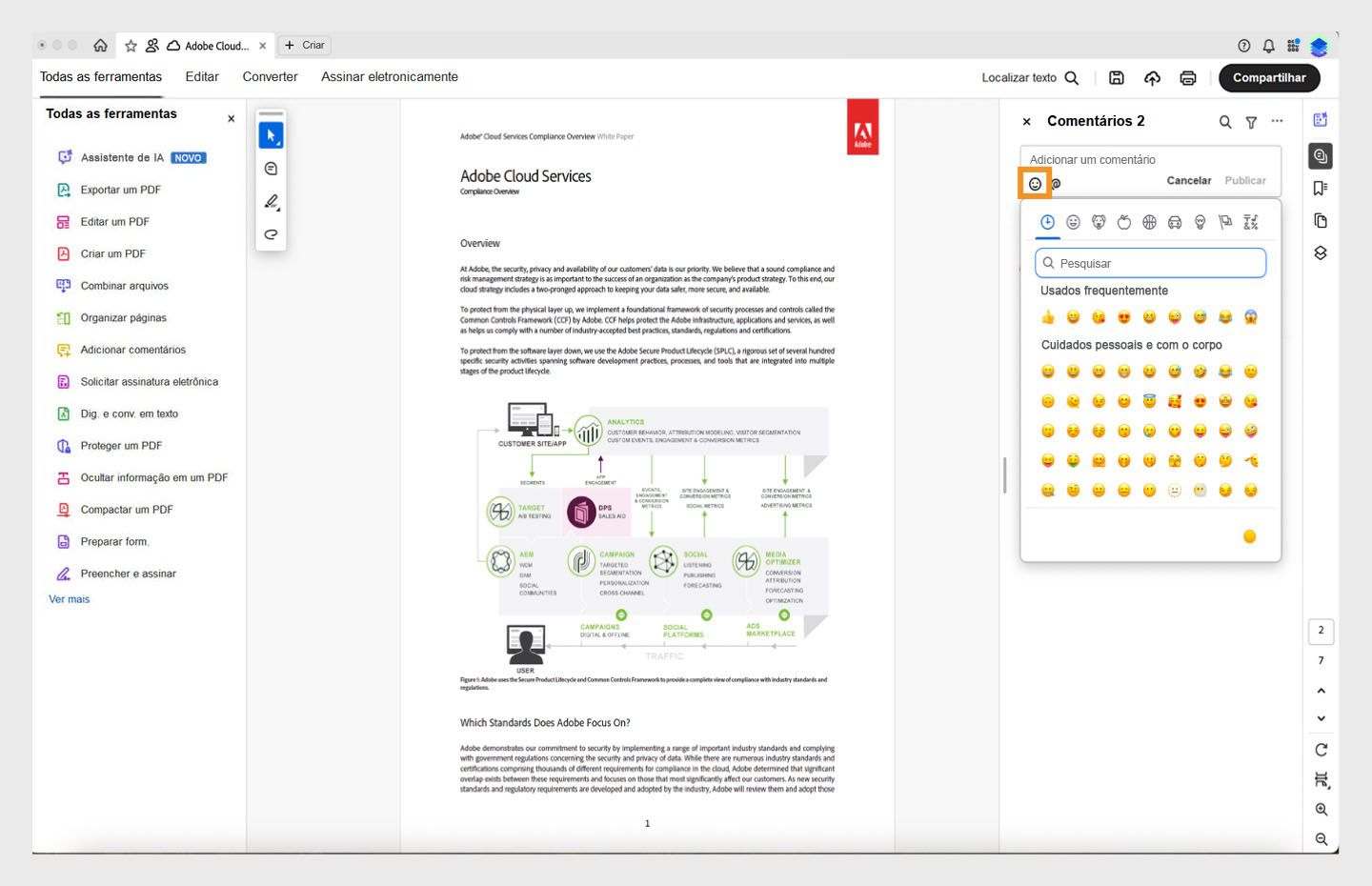 A tela de emoticons aparece no painel de comentários. 